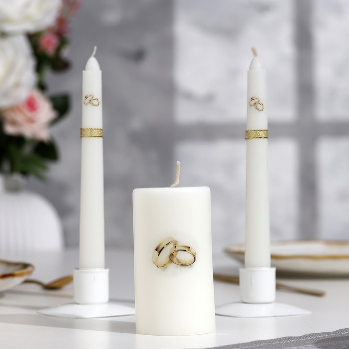 фото Свеча-цилиндр свадебная "обручальные кольца", 5х9,5 см, белая, домашний очаг, ручная работ мастерская «свечной двор»