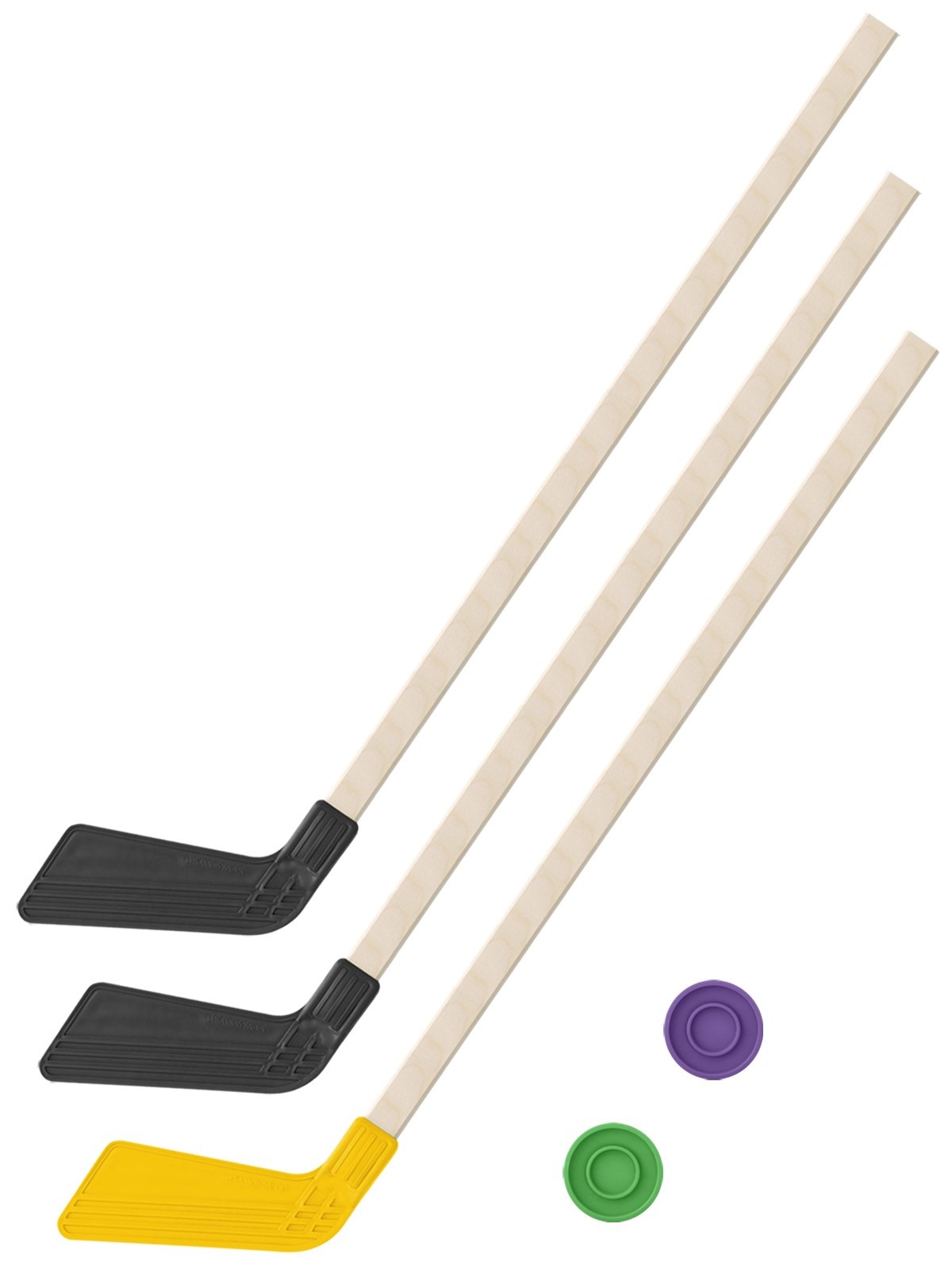 фото Набор зимний задира-плюс клюшка хоккейная 3 клюшки 80 см. (2 черных,1 желтая)+2 шайбы