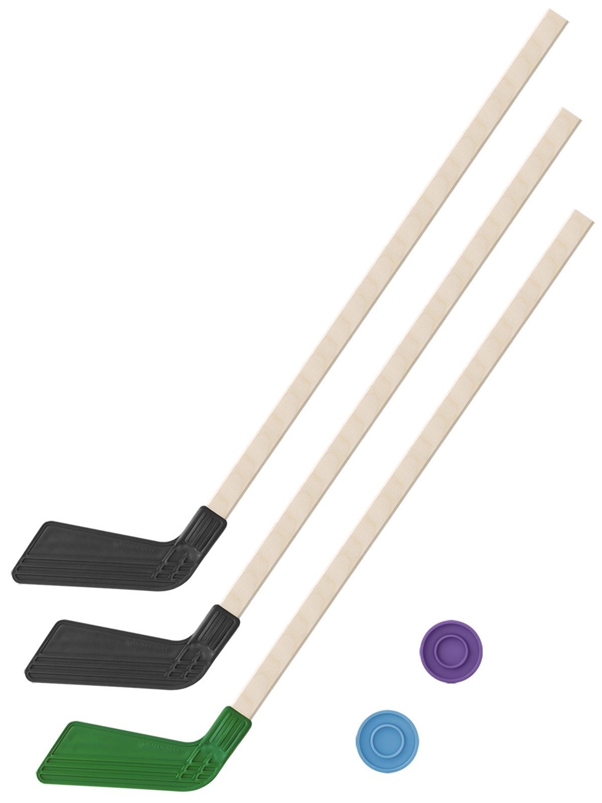 фото Набор зимний задира-плюс клюшка хоккейная 3 клюшки 80 см. (2 черных,1 зеленая)+2 шайбы