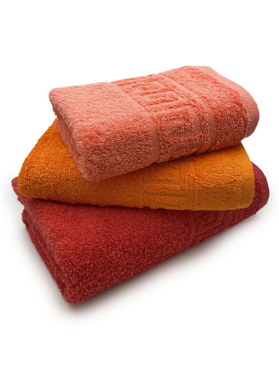 фото Комплект махровых полотенец "трио" красный(70х140), оранжевый(50х90), коралл(40х70)" tm textile
