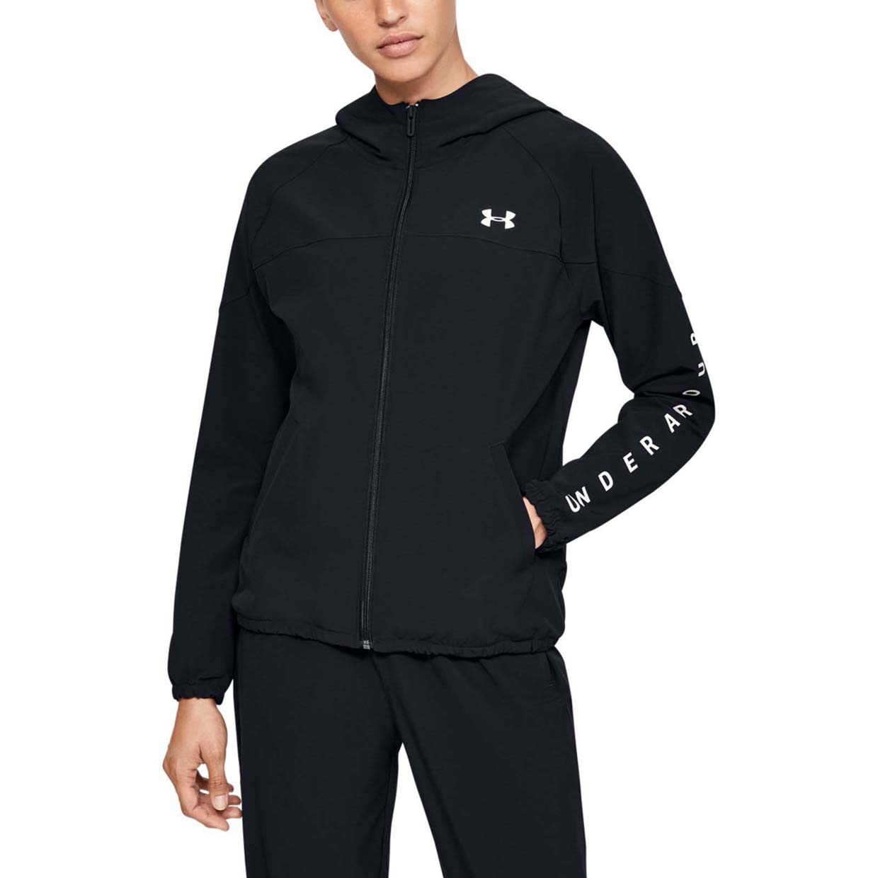 фото Толстовка женская under armour woven hooded jacket черная md