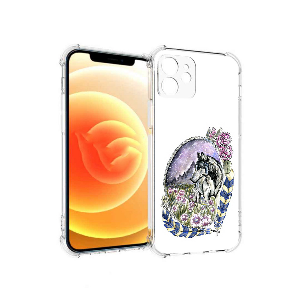 

Чехол MyPads Tocco для Apple iPhone 12 нарисованный волк в цветах с перьями, Прозрачный, Tocco