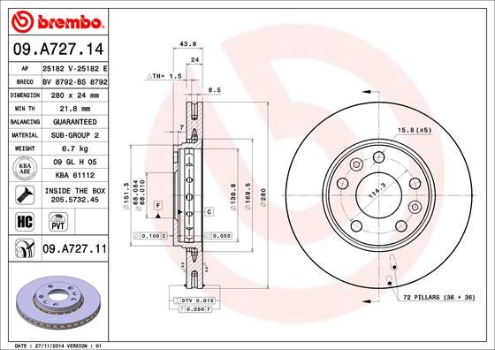 

Тормозной диск brembo передний 280x24 мм 5 отверстий 09a72711