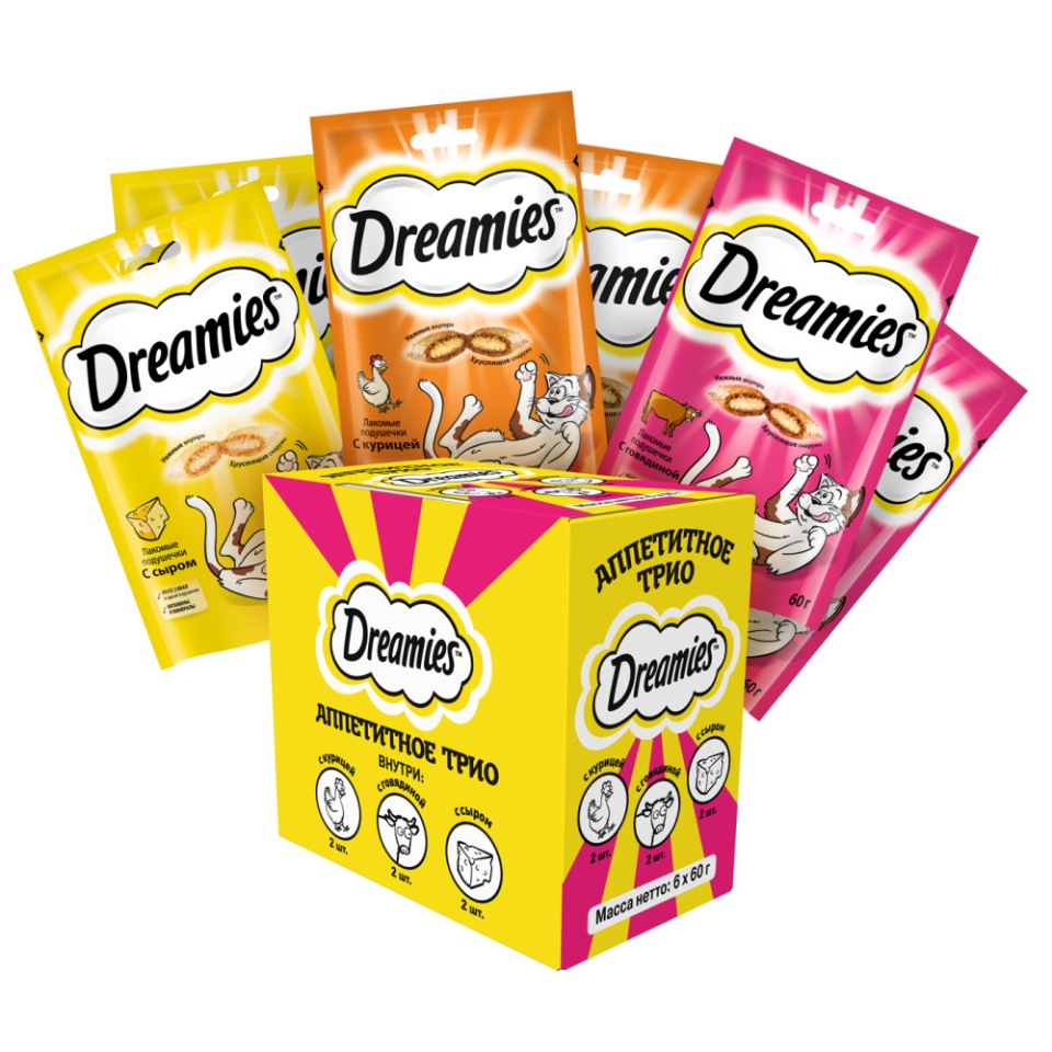 фото Лакомство для кошек dreamies подушечки, говядина, курица, сыр, 6 шт по 60 г