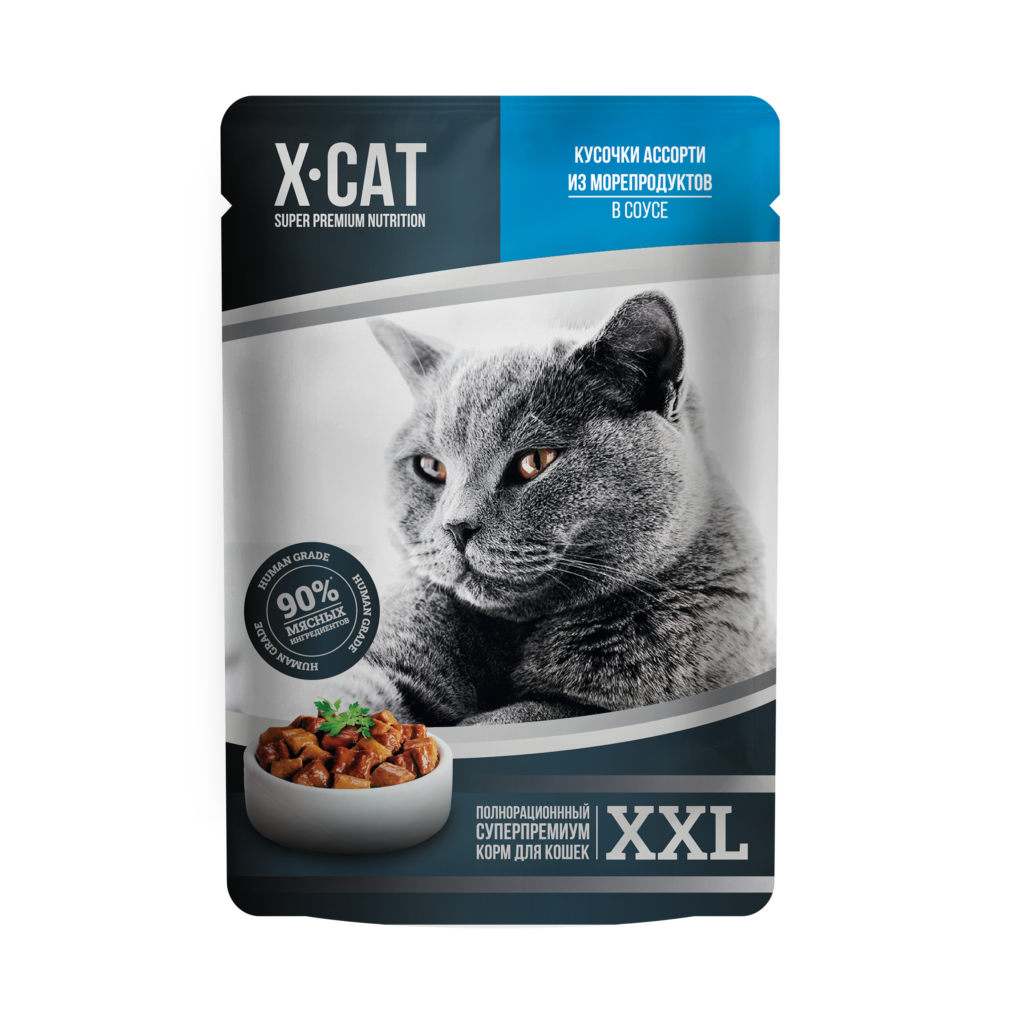 фото Влажный корм для взрослых кошек x-cat xxl ассорти из морепродуктов в соусе 85г
