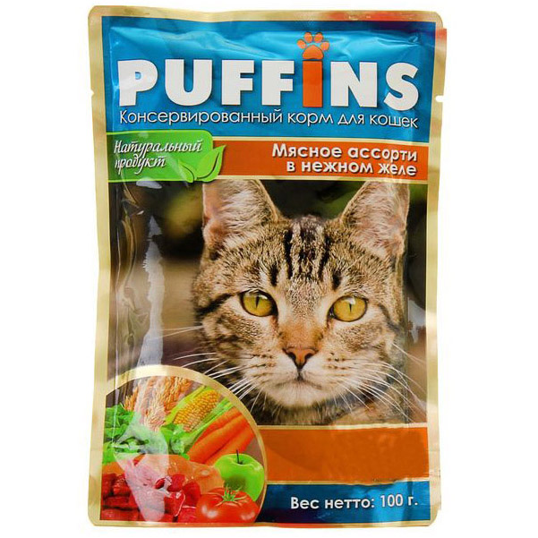 Влажный корм для кошек Puffins мясное ассорти в нежном желе, 24шт по 100г