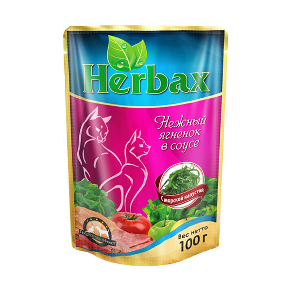 Влажный корм для кошек Herbax ягненок с морской капустой в соусе, 24шт по 100г