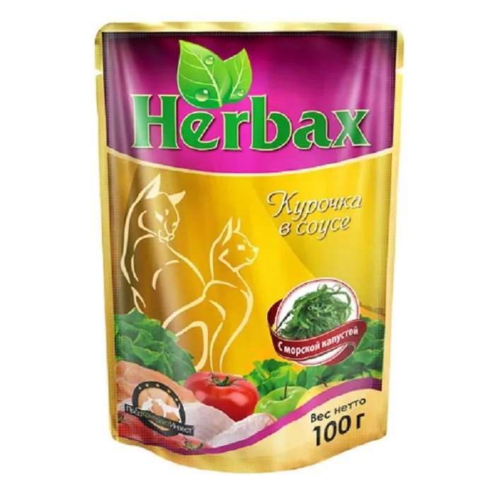 

Влажный корм для кошек Herbax курочка с морской капустой в соусе, 24шт по 100г, курица, водоросли 100 г
