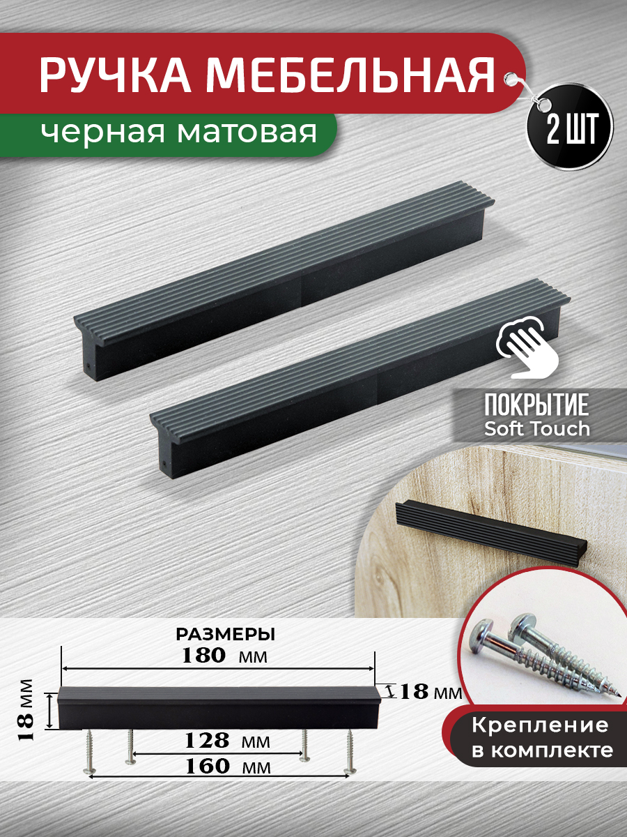 Ручка-скоба мебельная ARTENA, 2 шт, 128 мм / 160 мм, черная софт татч