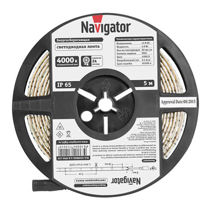 фото Лента светодиодная smd 3528 navigator 4000к естественный белый свет 4,8 вт 12 в ip65 5 м