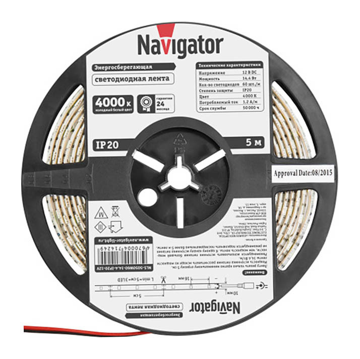 

Лента светодиодная SMD 5050 Navigator 4000К естественный белый свет 14,4 Вт 12 В IP20 5 м