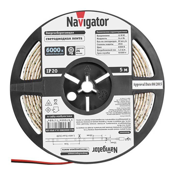 фото Лента светодиодная smd 5050 navigator 6000к холодный белый свет 14,4 вт 12 в ip20 5 м