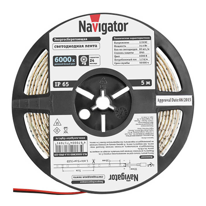 фото Лента светодиодная smd 5050 navigator 6000к холодный белый свет 14,4 вт 12 в ip65 5 м