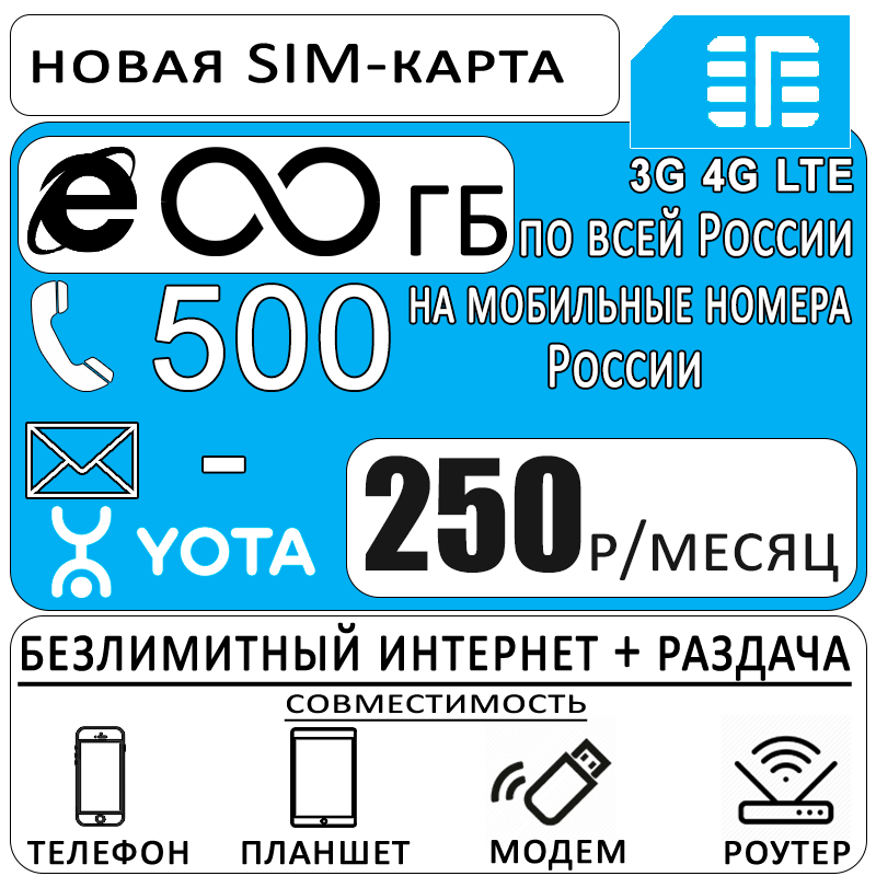 

Сим-карта Yota тариф йота 190, безлимитный интернет и раздача, 200мин. (Вся Россия)