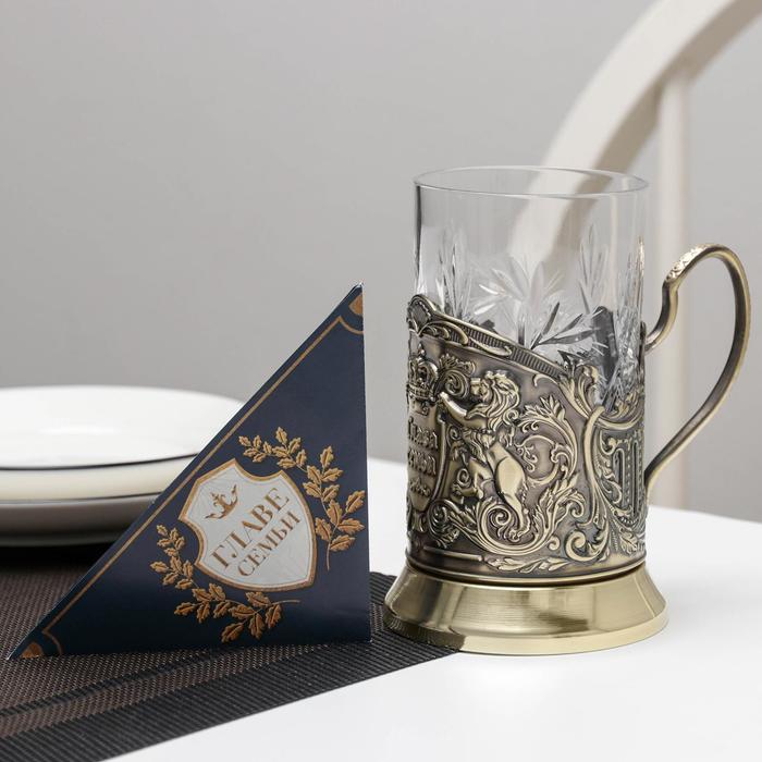 фото Набор для чая «глава семьи», 3 шт: подстаканник, стакан, открытка, латунь кольчугинский мельхиор