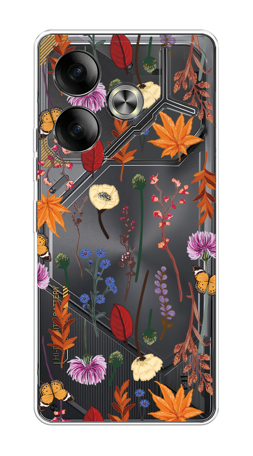 

Чехол на Tecno Pova 6 "Orange Purple flowers", Оранжевый;красный;розовый;желтый;прозрачный, 305350-1