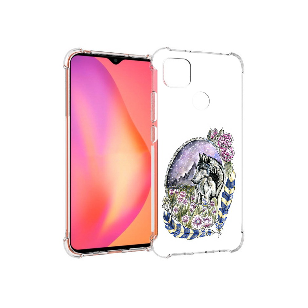 

Чехол MyPads Tocco для Xiaomi Redmi 9C нарисованный волк в цветах с перьями, Прозрачный, Tocco