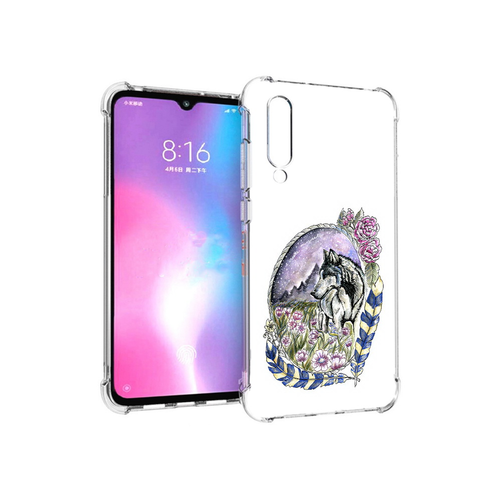 

Чехол MyPads Tocco для Xiaomi Mi CC9 нарисованный волк в цветах с перьями, Прозрачный, Tocco