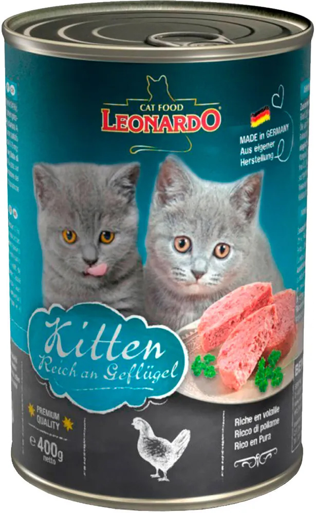 

Влажный корм для котят Leonardo Kitten Reich an Gefluge С птицей 12шт по 400г, LEONARDO KITTEN REICH AN GEFLUGEL для котят с птицей (400 гр х 12 шт)