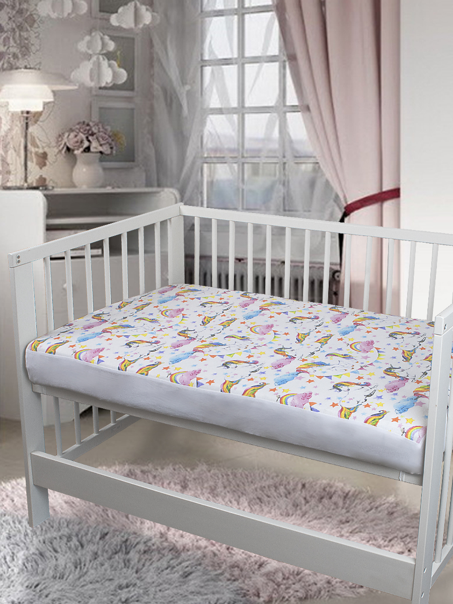фото Наматрасник в детскую кроватку 60х120 непромокаемый с резинкой по всей длине "единороги" greenera textile