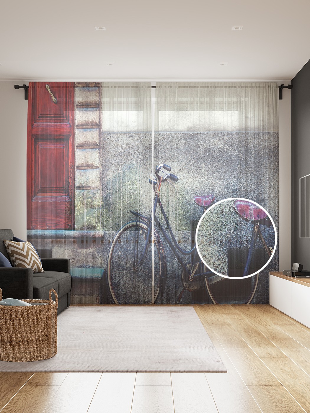 фото Фототюль joyarty "велосипед под домом", 145x265см, 2 полотна, лента, 50 крючков
