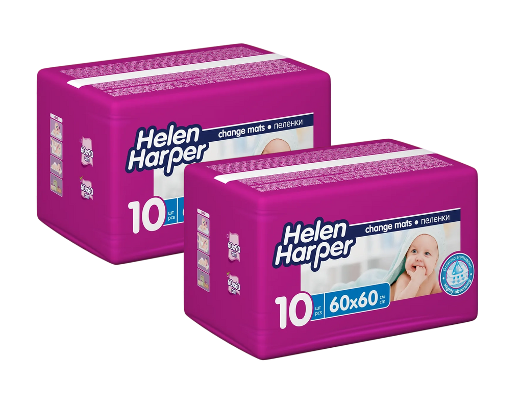 Пеленки для детей Helen Harper впитывающие 60х60 см, 10 шт., 2 упаковки пеленки одноразовые впитывающие dobrusha с липким фиксирующим слоем 60х60 см 20 шт ud60