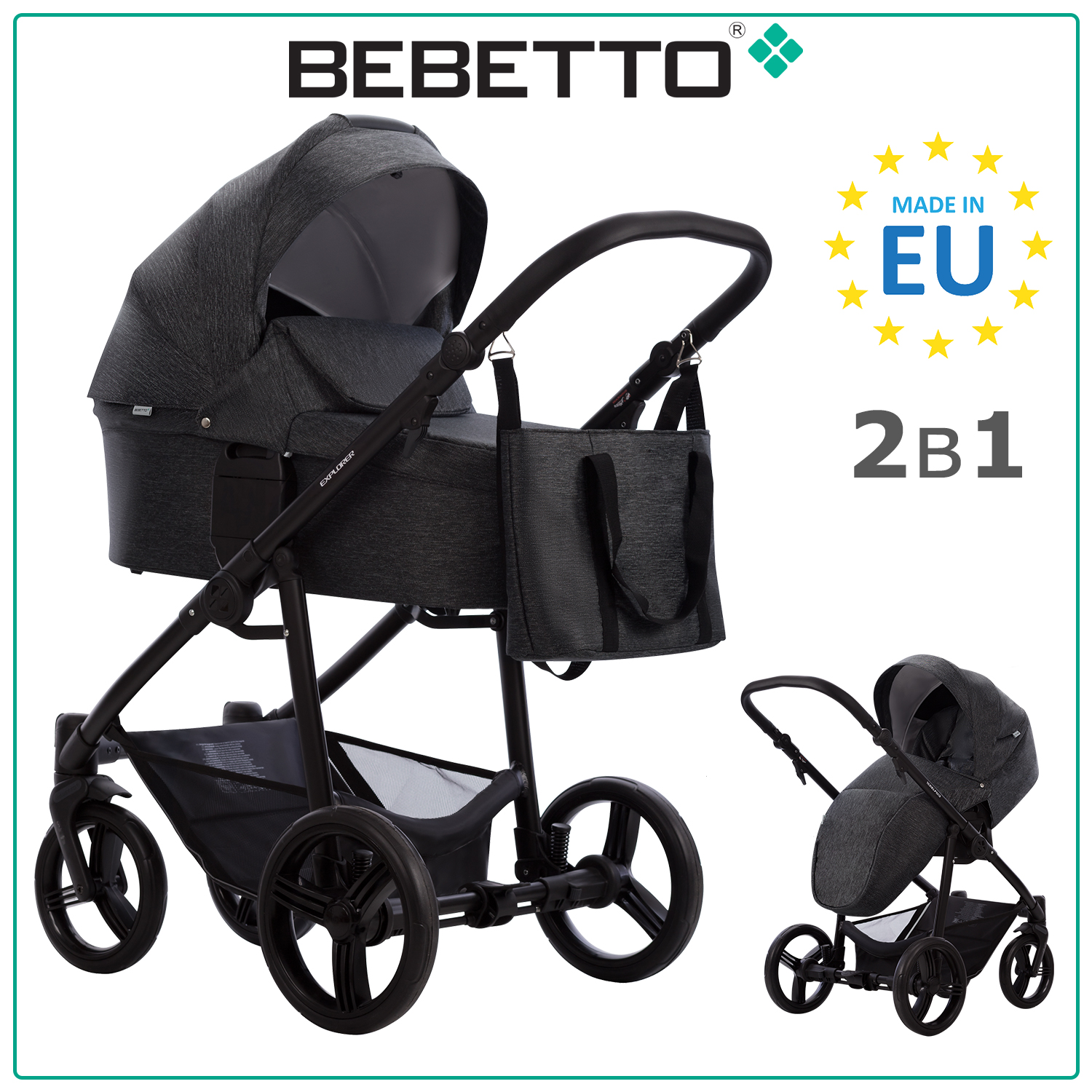 Детская коляска 2 в 1 Bebetto Explorer AIR LUX 06 черный рама черная 46470₽