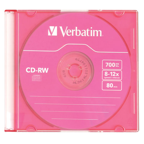 фото Диск cd-rw verbatim, 700 mb, 8х-12х, colour slim case, 43167 (510238)