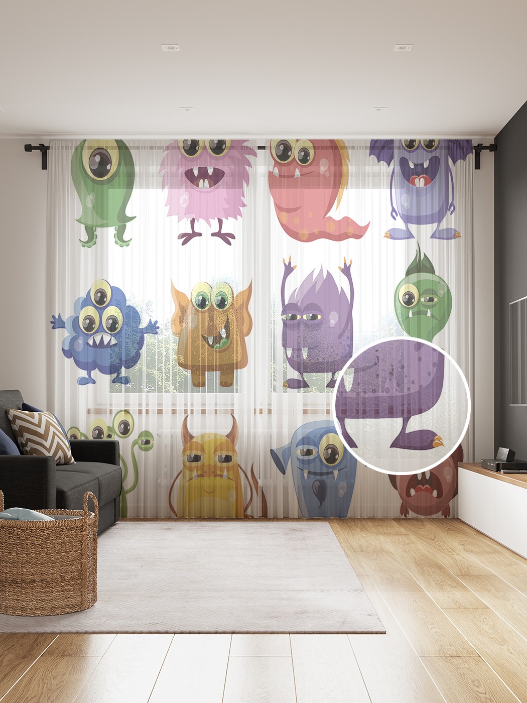 

Фототюль JoyArty "Обаятельные монстрики", 145x265см, 2 полотна, лента, 50 крючков, Обаятельные монстрики