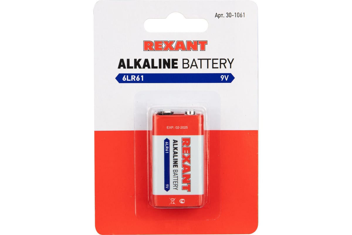 Батарейка алкалиновая REXANT Крона 9V упаковка 1 шт. 30-1061