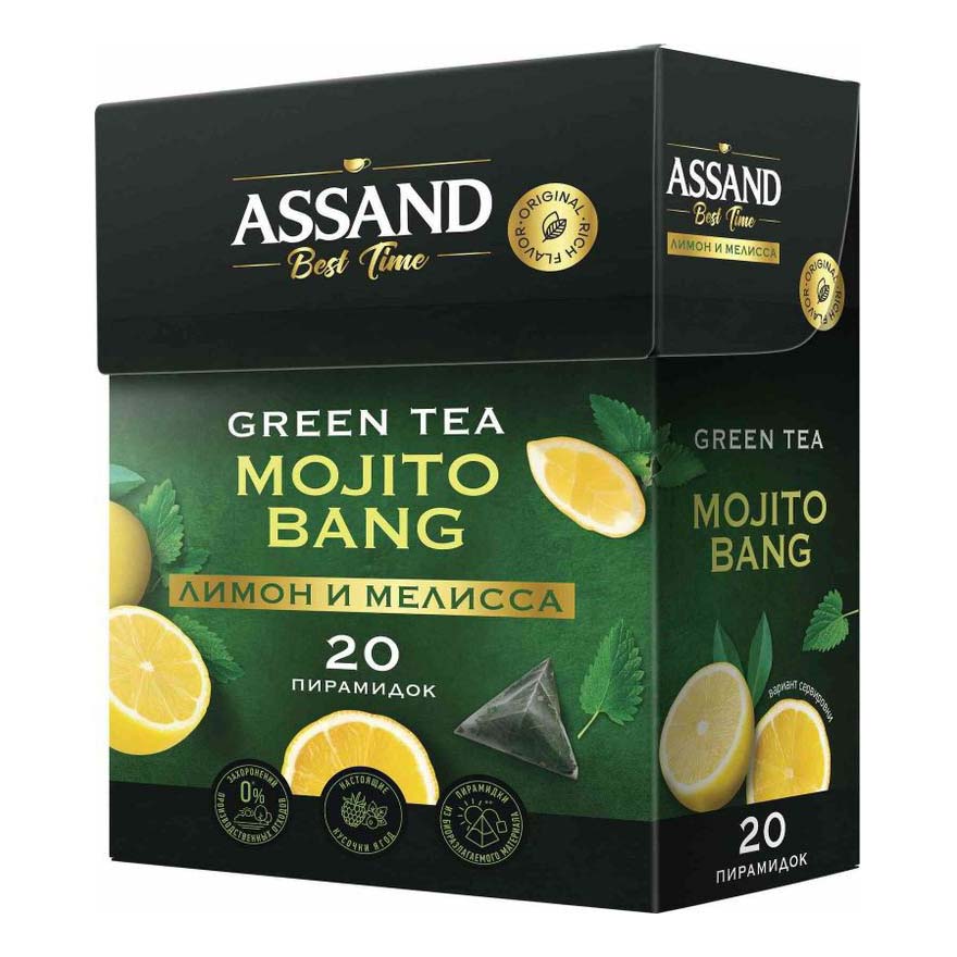 Чай зеленый Assand Mojito Bang в пирамидках с лимоном и мелиссой 1,6 г x 20 шт