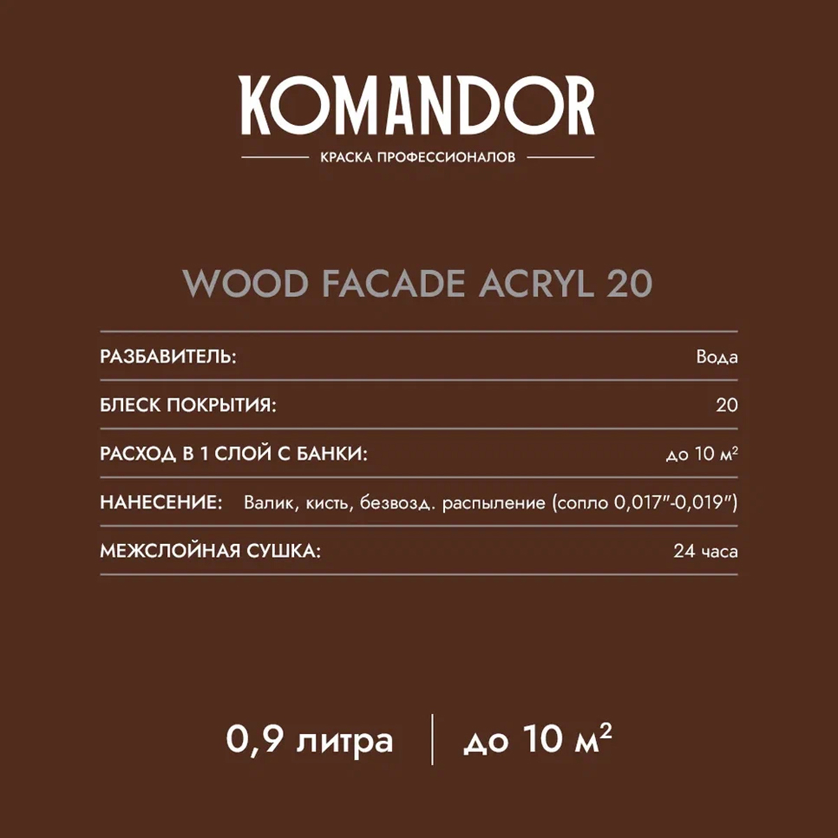 Краска для деревян. фасадов Komandor Wood Facade Acryl 20, полумат., база C, бесцвет., 0,9