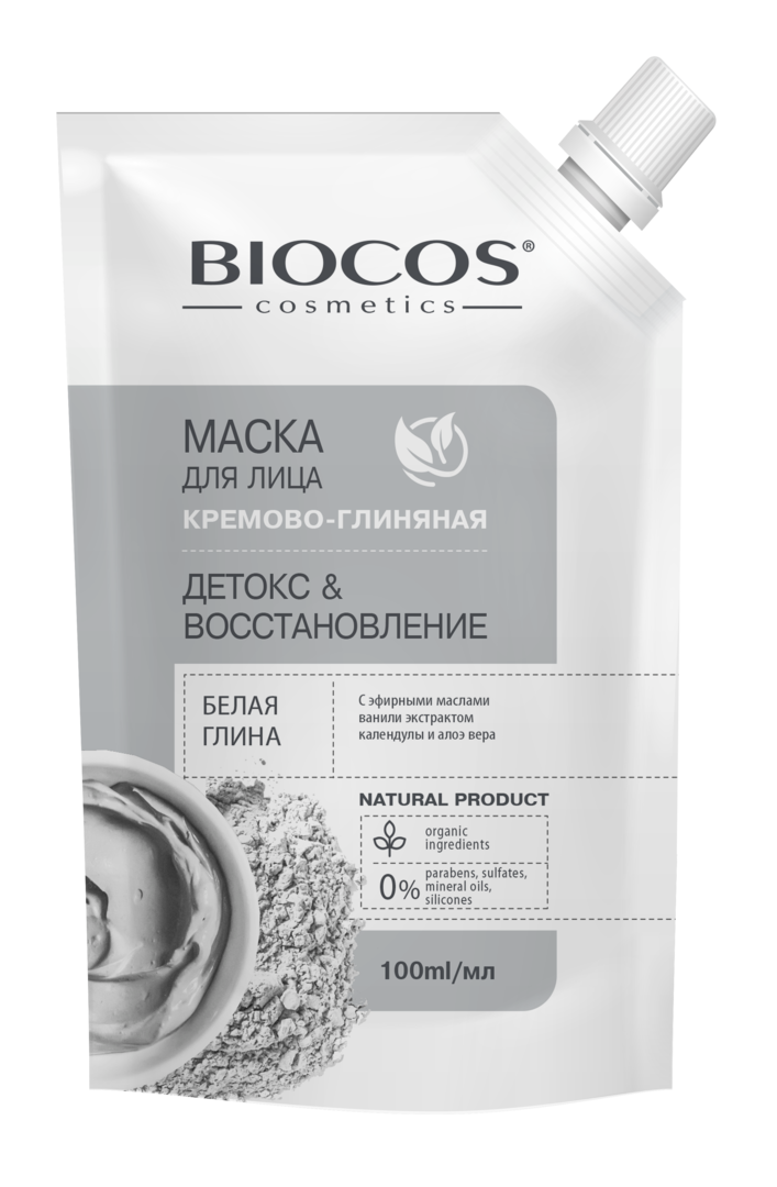 Маска для лица Biocos на основе белой глины Детокс и Восстановление  100 мл