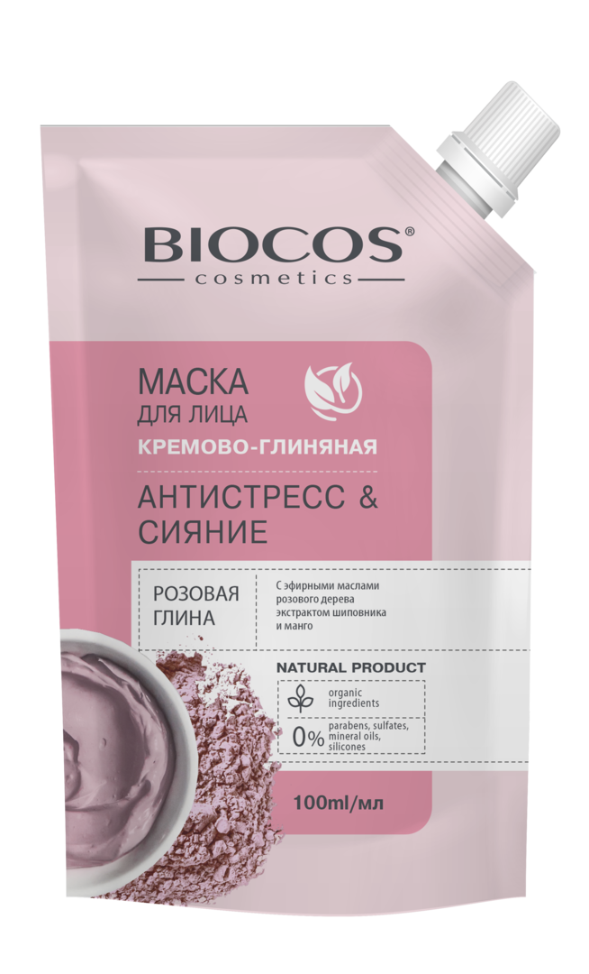 Маска для лица Biocos на основе розовой глины Антистресс и Сияние  100 мл