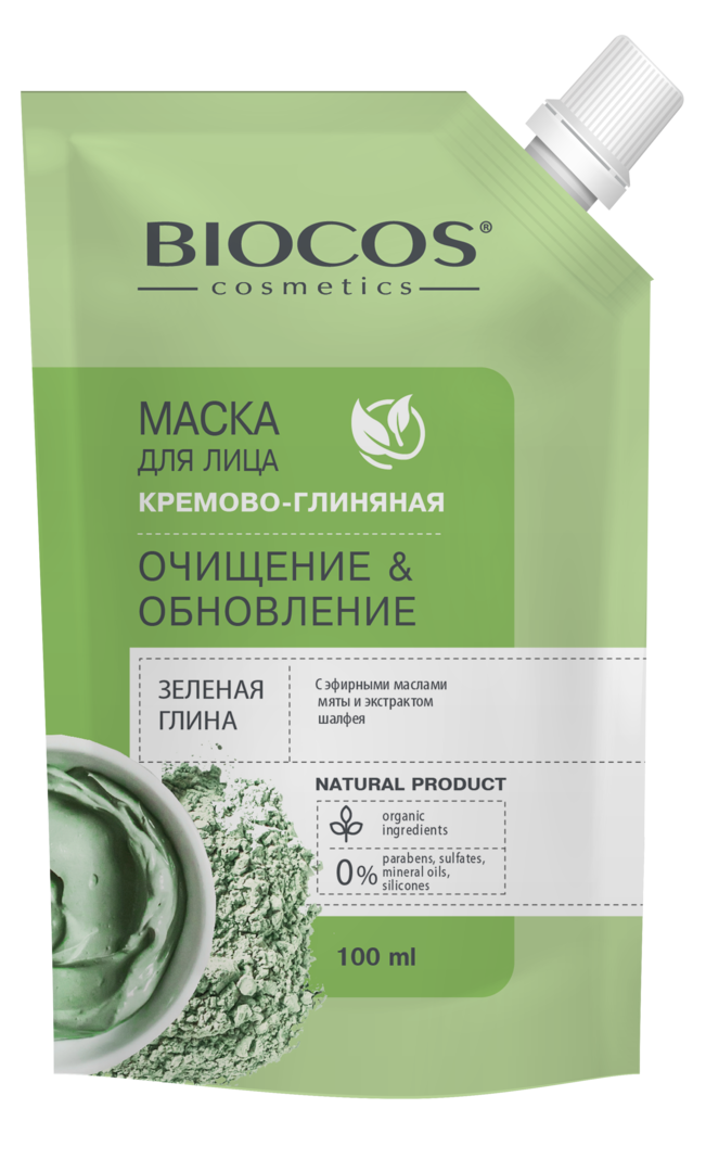 Маска Biocos для лица на основе зеленой глины Очищение и Обновление  100 мл либридерм серацин маска себорегулирующая с белой и зеленой глиной 75мл