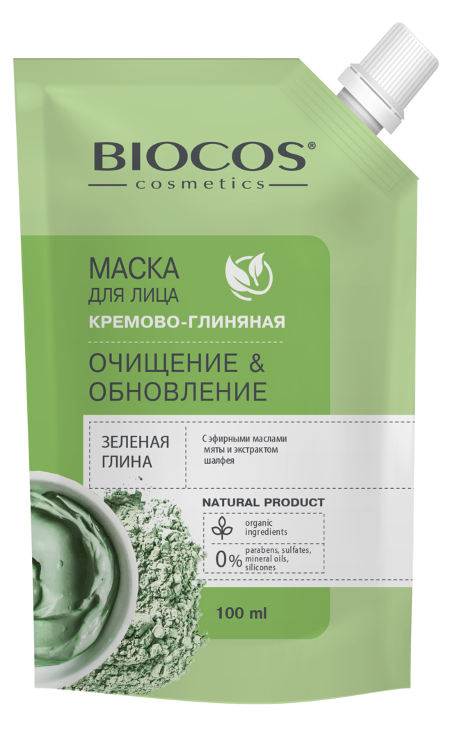 фото Маска biocos для лица на основе зеленой глины очищение и обновление 100 мл