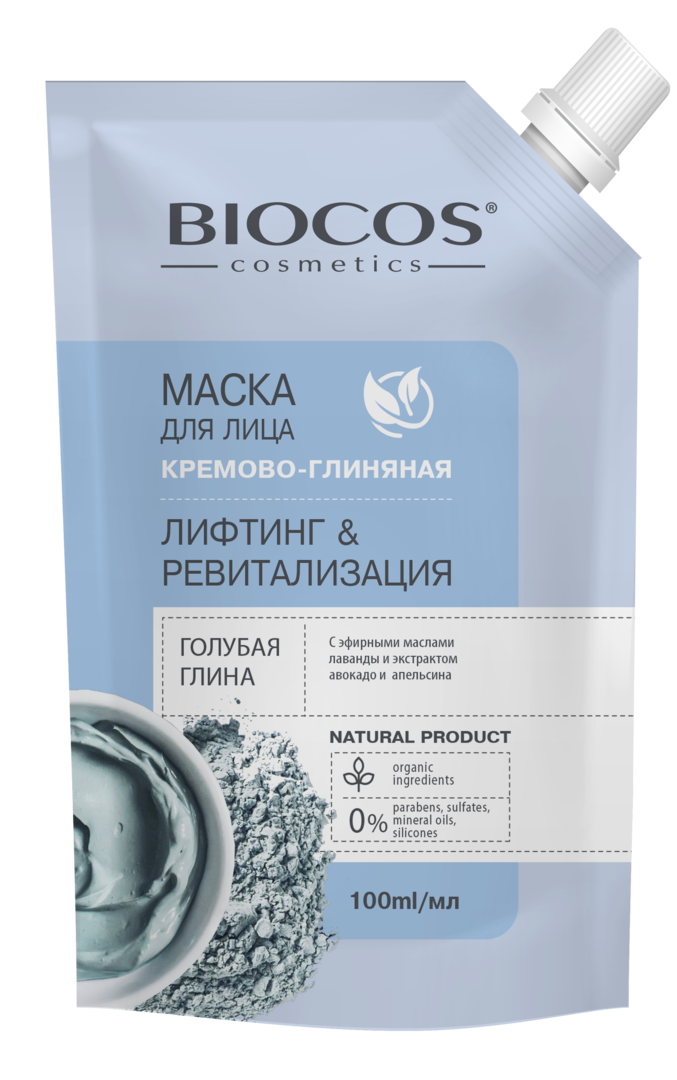 фото Маска для лица biocos на основе голубой глины лифтинг и ревитализация 100 мл