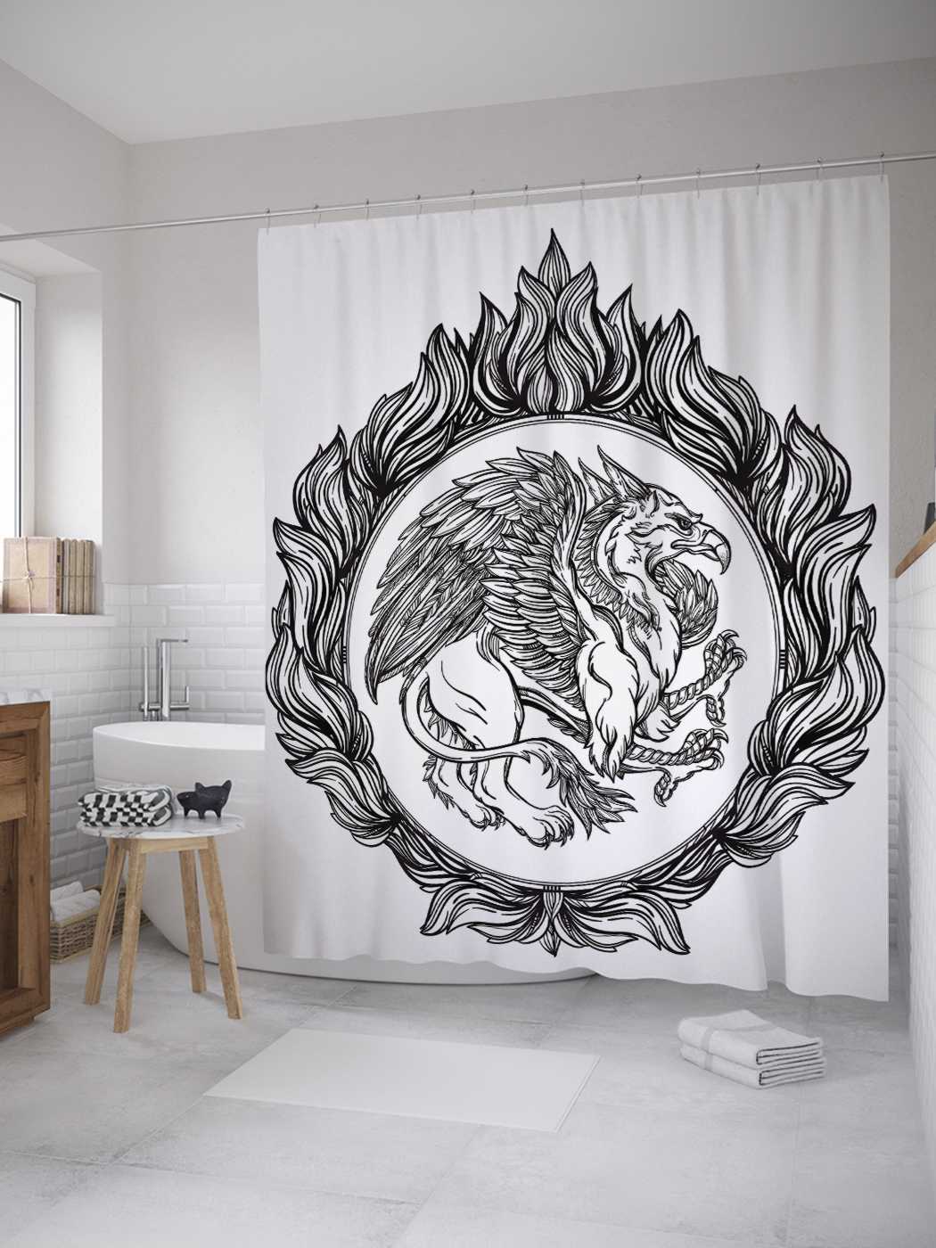 

Штора (занавеска) для ванной JoyArty "Гравюра с грифоном" из сатена, 180х200 см с крючками, Бежевый