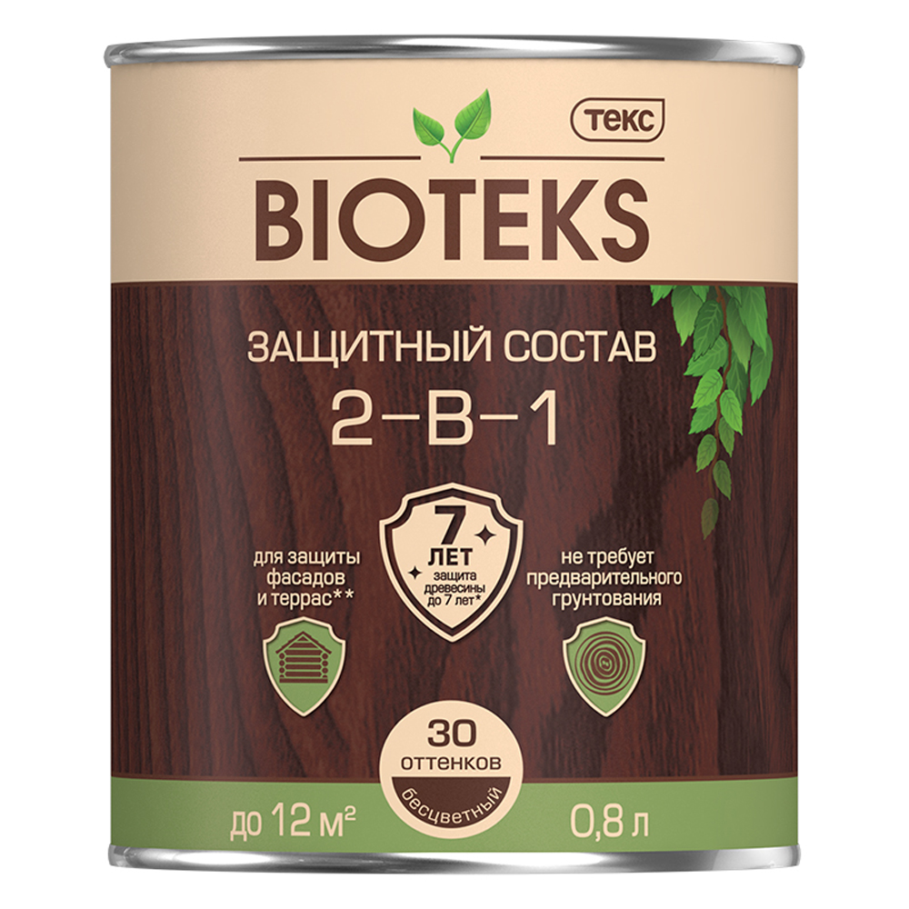Защитный лессирующий состав для дерева Bioteks 2-в-1, 0,8 л, темный орех