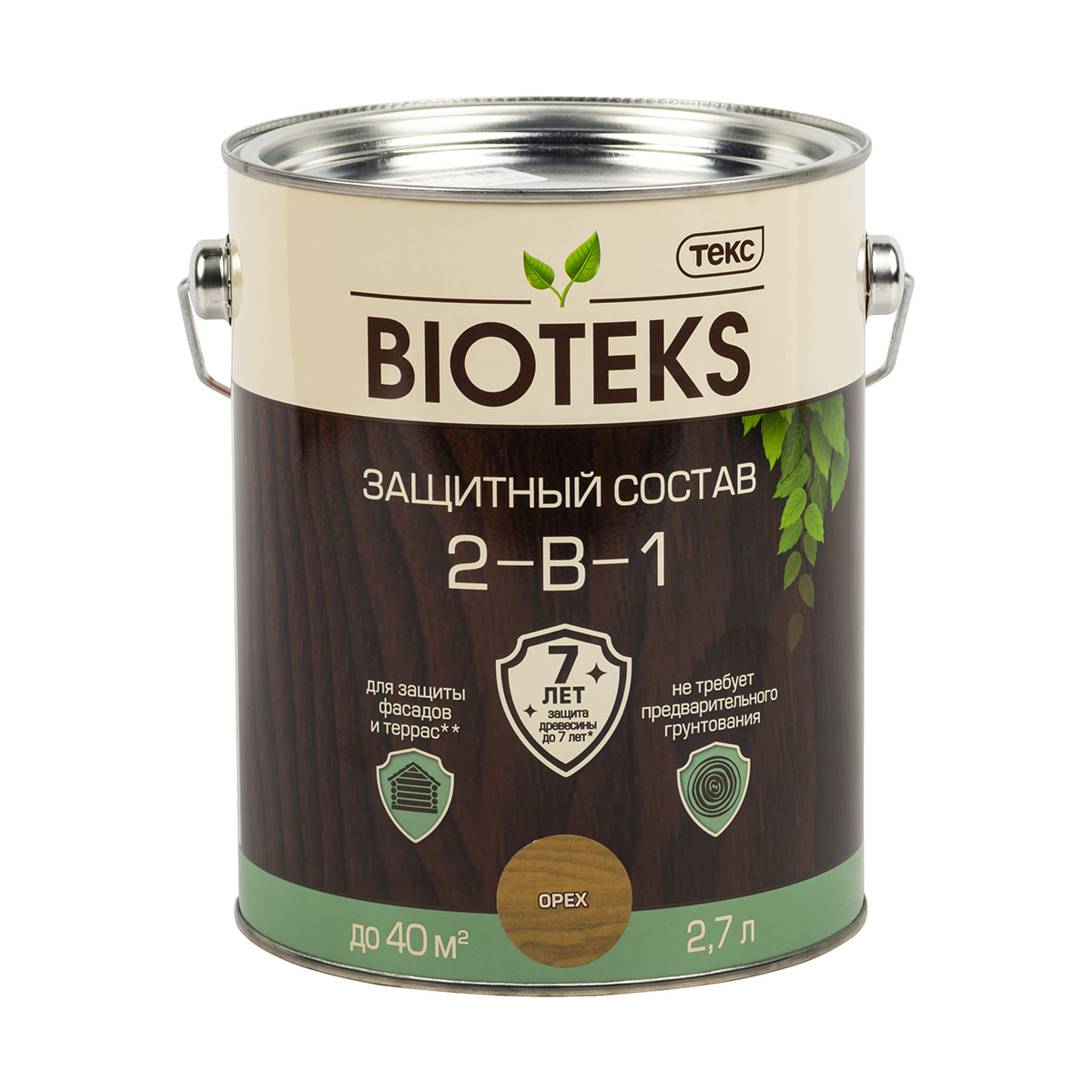 Защитный лессирующий состав для дерева Bioteks 2-в-1, 2,7 л, орех антисептик защитно декоративный лессирующий bioteks 2 в 1 махагон 9 л