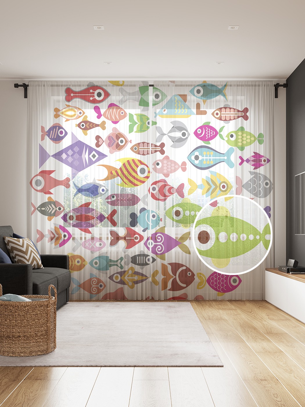 

Фототюль JoyArty "Рыбный круг", 145x265см (2 полотна со шторной лентой + 50 крючков), Рыбный круг