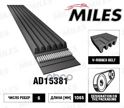 

Ремень Поликлиновый Miles Ad15381 Заменён На 6pk1065 Miles арт. AD15381