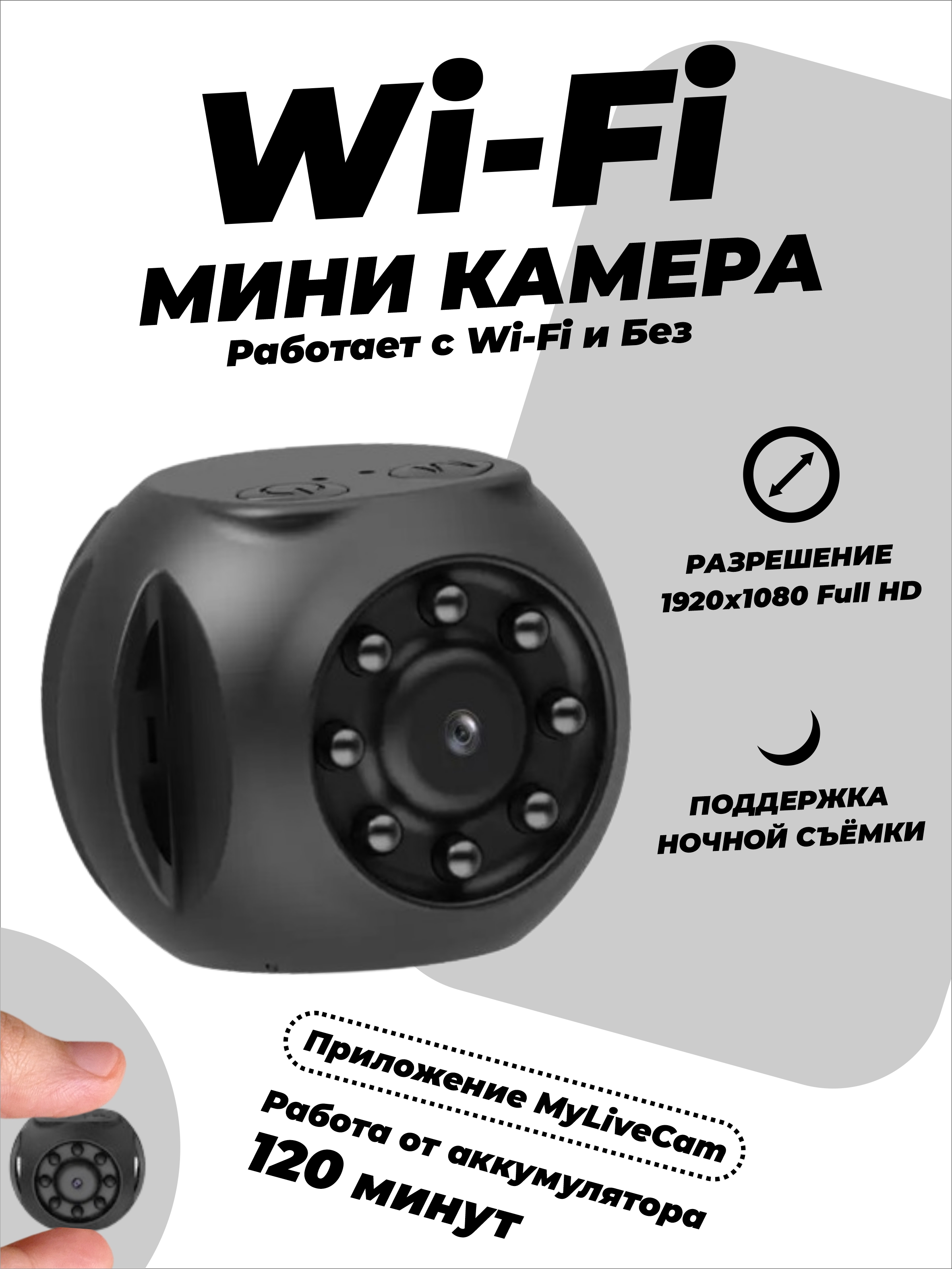 

Скрытая Мини Камера SmartRules для дома wi-fi ip беспроводная, Черный, MinicameraWiFi