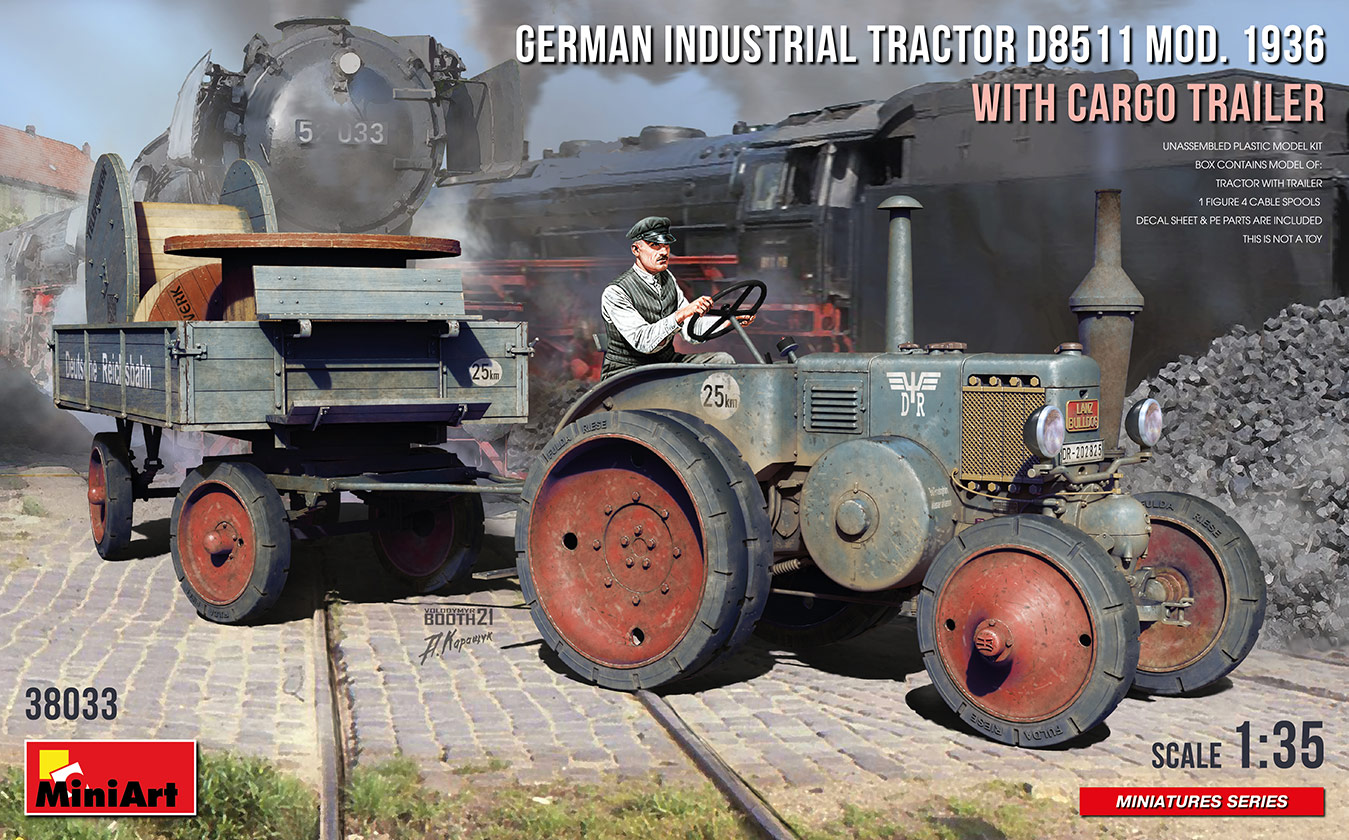 фото Сборная модель miniart 1/35 немецкий промышленный трактор d8511 1936 г. с прицепом 38033