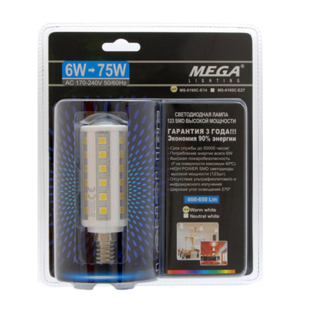 

Лампа светодиодная E14 6W(60W) 220V теплый MEGA LIGHTING MS-0195CWW-E14