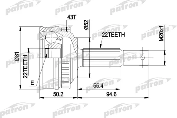 

ШРУС наружн к-кт 22x52x22 ABS:43T OPEL: VECTRA 1.4/ с и без ABS 10.88-7.91 PATRON PCV1057