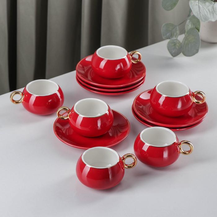 фото Сервиз кофейный «капля», 12 предметов: 6 чашек 90 мл, 6 блюдец d=12 см, цвет красный nobrand