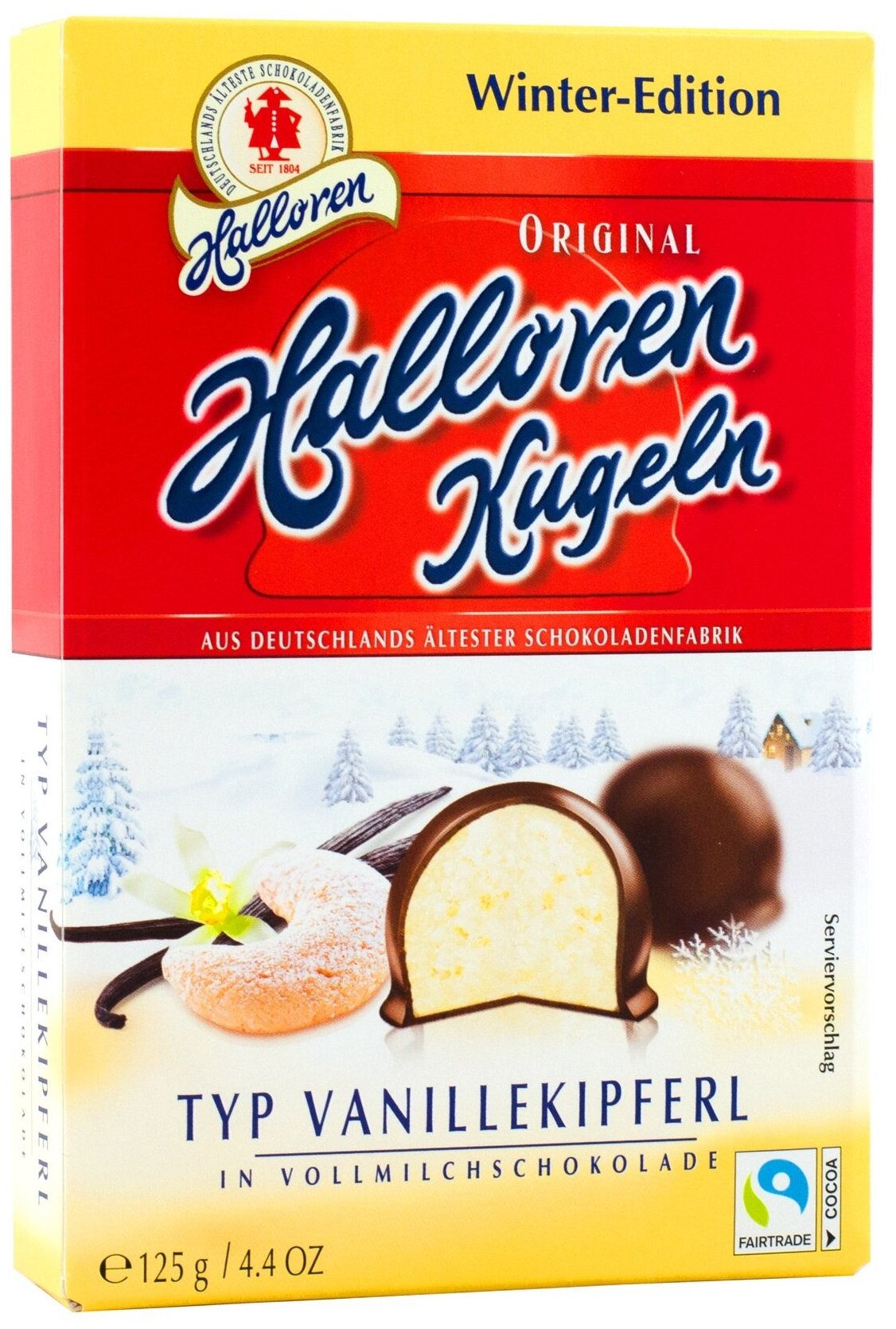 фото Конфеты halloren kugeln с ванильным кремом (83%) и кусочками печенья в шоколаде, 125г