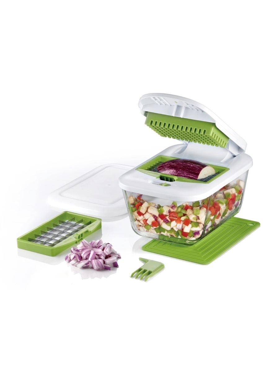 

Многофункциональная овощерезка для нарезки кубиком 3 в 1 со стеклянным контейнером, Зеленый;прозрачный