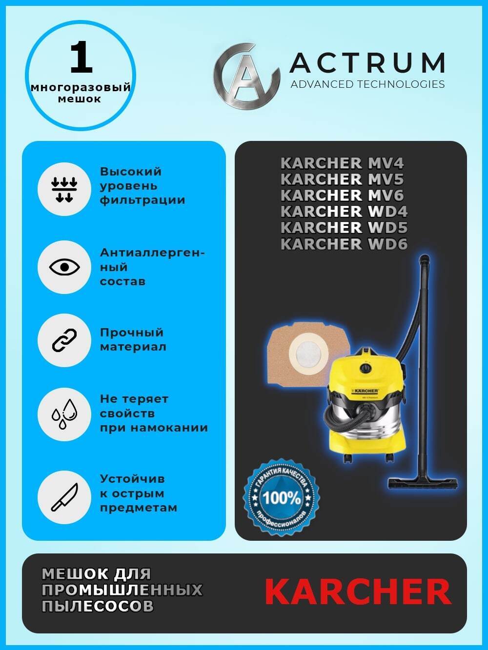 Пылесборник Actrum AK024M для пылесоса KARCHER MV 4, MV 5, WD 4, WD 5 фильтр мешки для пылесоса karcher euro clean